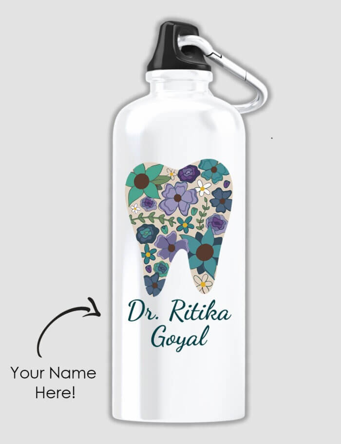 Custom Sipper Bottle With Dentist Symbol and Name | Blue Flowers Printed Dentist Logo
